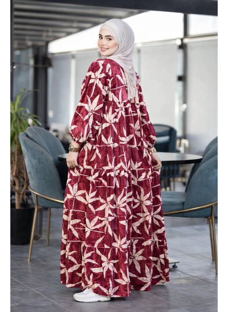 Modest Long Dress with Leaf Print – Comfortable Loose Fit for Everyday Wear and Occasions - Burgundy - Image 3